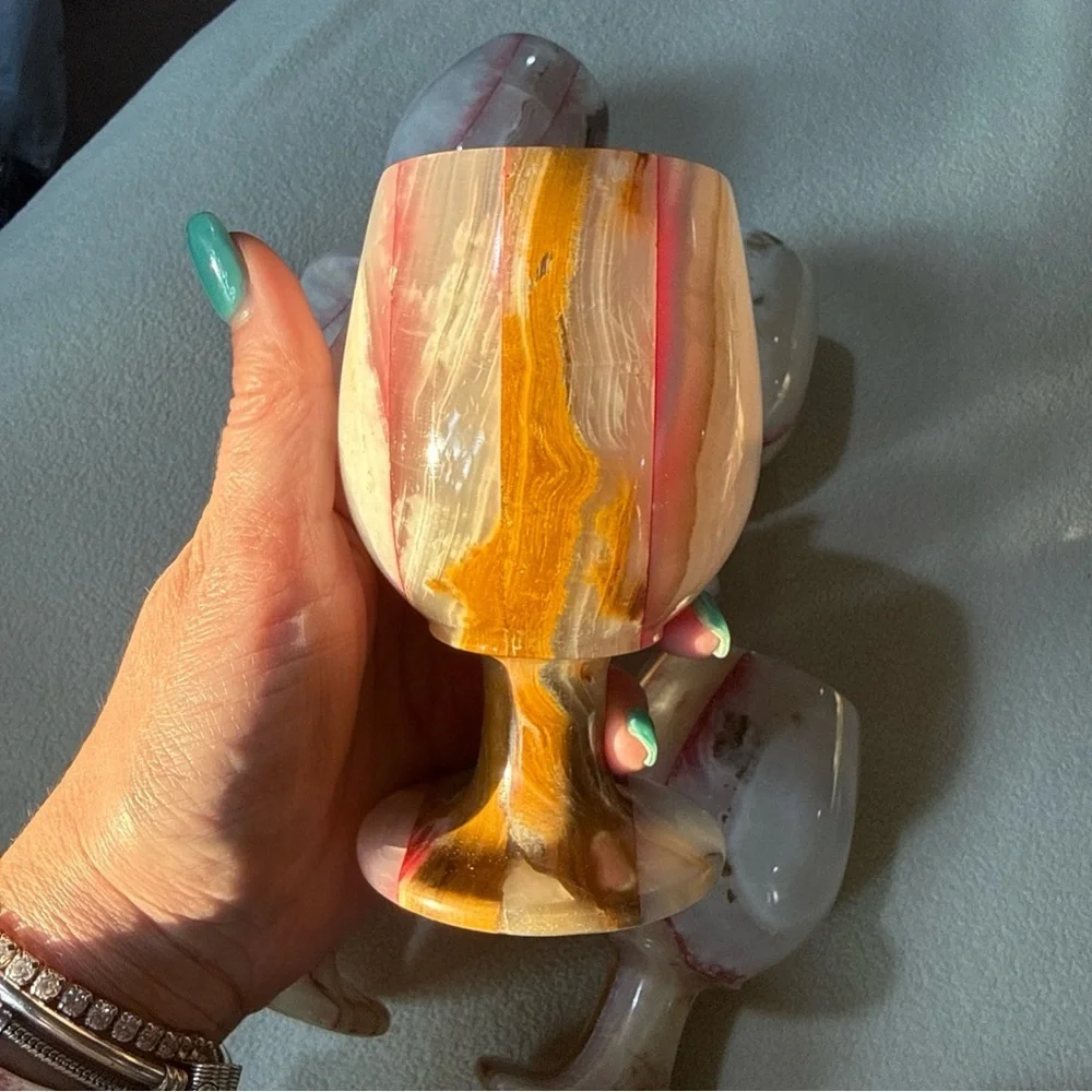 Vintage Pink, White and Gold Swirl Onyx Goblet Set - 5 Pieces marble onyx